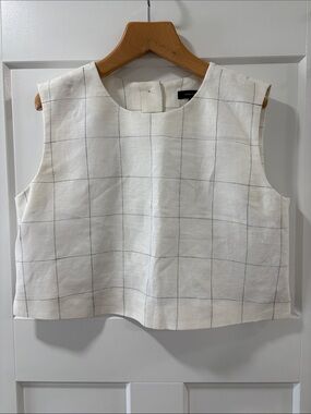 Ann Taylor White & Black Linen Blend Windowpane Sleeveless Cropped Top Size 8